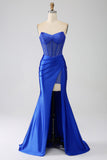 Royal Blue Mermaid Strapless Corset Beaded Prom Dress with High Slit
