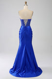 Royal Blue Mermaid Strapless Corset Beaded Prom Dress with High Slit