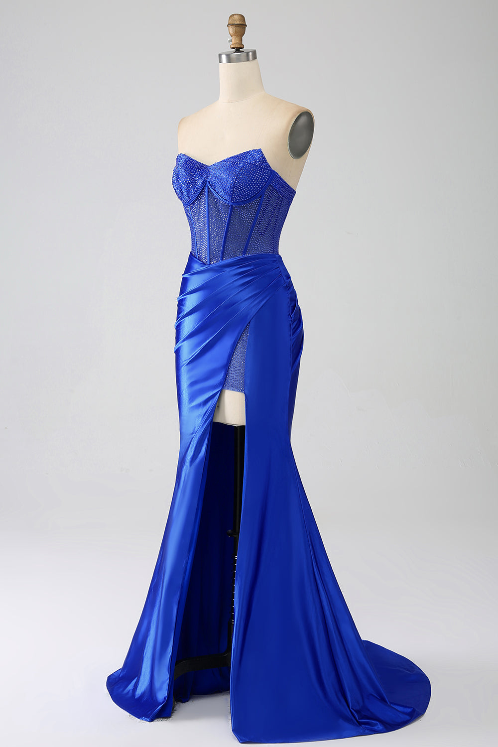 Royal Blue Mermaid Strapless Corset Beaded Prom Dress with High Slit