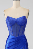 Royal Blue Mermaid Strapless Corset Beaded Prom Dress with High Slit