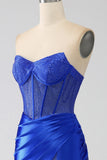 Royal Blue Mermaid Strapless Corset Beaded Prom Dress with High Slit