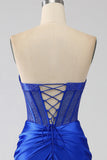 Royal Blue Mermaid Strapless Corset Beaded Prom Dress with High Slit