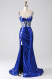 Sparkly Royal Blue Mermaid Sequin Pleated Corset Prom Dress With Slit