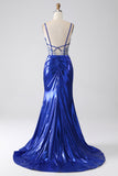 Sparkly Royal Blue Mermaid Sequin Pleated Corset Prom Dress With Slit