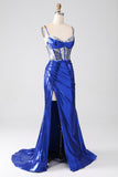 Sparkly Royal Blue Mermaid Sequin Pleated Corset Prom Dress With Slit