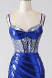 Sparkly Royal Blue Mermaid Sequin Pleated Corset Prom Dress With Slit