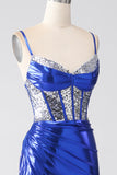 Sparkly Royal Blue Mermaid Sequin Pleated Corset Prom Dress With Slit