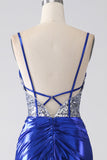 Sparkly Royal Blue Mermaid Sequin Pleated Corset Prom Dress With Slit