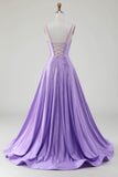 Sparkly Simple Lilac A-Line Side Slit Corset Prom Dresses with Rhinestones