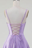 Sparkly Simple Lilac A-Line Side Slit Corset Prom Dresses with Rhinestones