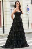 Stylish Black A Line Strapless Sequins Tiered Long Prom Dress with Ruffles