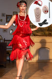 Sparkly Red Sequined Fringed Gatsby Dress with Vintage Accessories