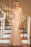 Sparkly Blush Mermaid Sequined Long Flapper Dress with Accessories