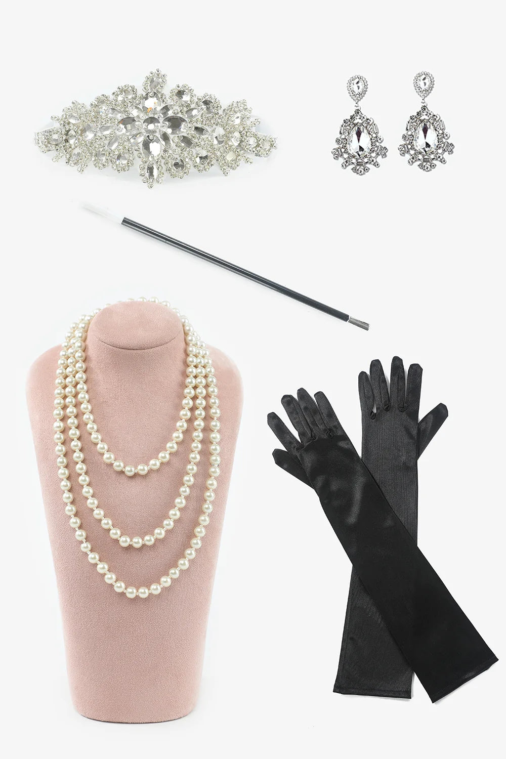 Grey Sequined Long Flapper Dress with Gatsby Accessories