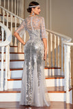 Grey Sequined Long Flapper Dress with Gatsby Accessories