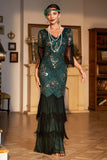 Dark Green Sequined Fringed Long Gatsby Party Dress with Accessories Set