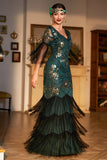 Dark Green Sequined Fringed Long Gatsby Party Dress with Accessories Set