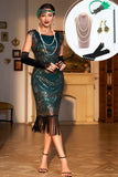 Dark Green Sequined Fringed Gatsby Party Dress with Accessories Set