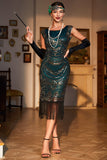 Dark Green Sequined Fringed Gatsby Party Dress with Accessories Set