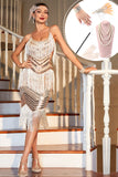 Champagne Spaghetti Straps Sequined Fringed Gatsby Dress with Accessories Set