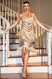 Champagne Spaghetti Straps Sequined Fringed Gatsby Dress with Accessories Set
