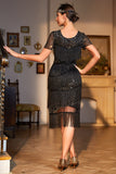Sparkly Black Sequin Fringed Gatsby Dress with Accessories Set