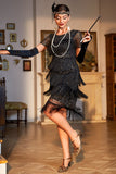Sparkly Black Sequin Fringed Gatsby Dress with Accessories Set