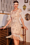 Sparkly Champagne Sequins Fringed Gatsby Dress with Accessories Set