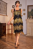 Sparkly Black and Golden Sequins Fringed Party Dress with Accessories Set