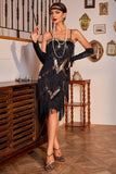 Sparkly Black and Golden Spaghetti Straps Sequins Fringed Gatsby Party Dress with Accessories Set