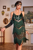 Sparkly Green and Golden Spaghetti Straps Sequins Fringed Gatsby Party Dress with Accessories Set