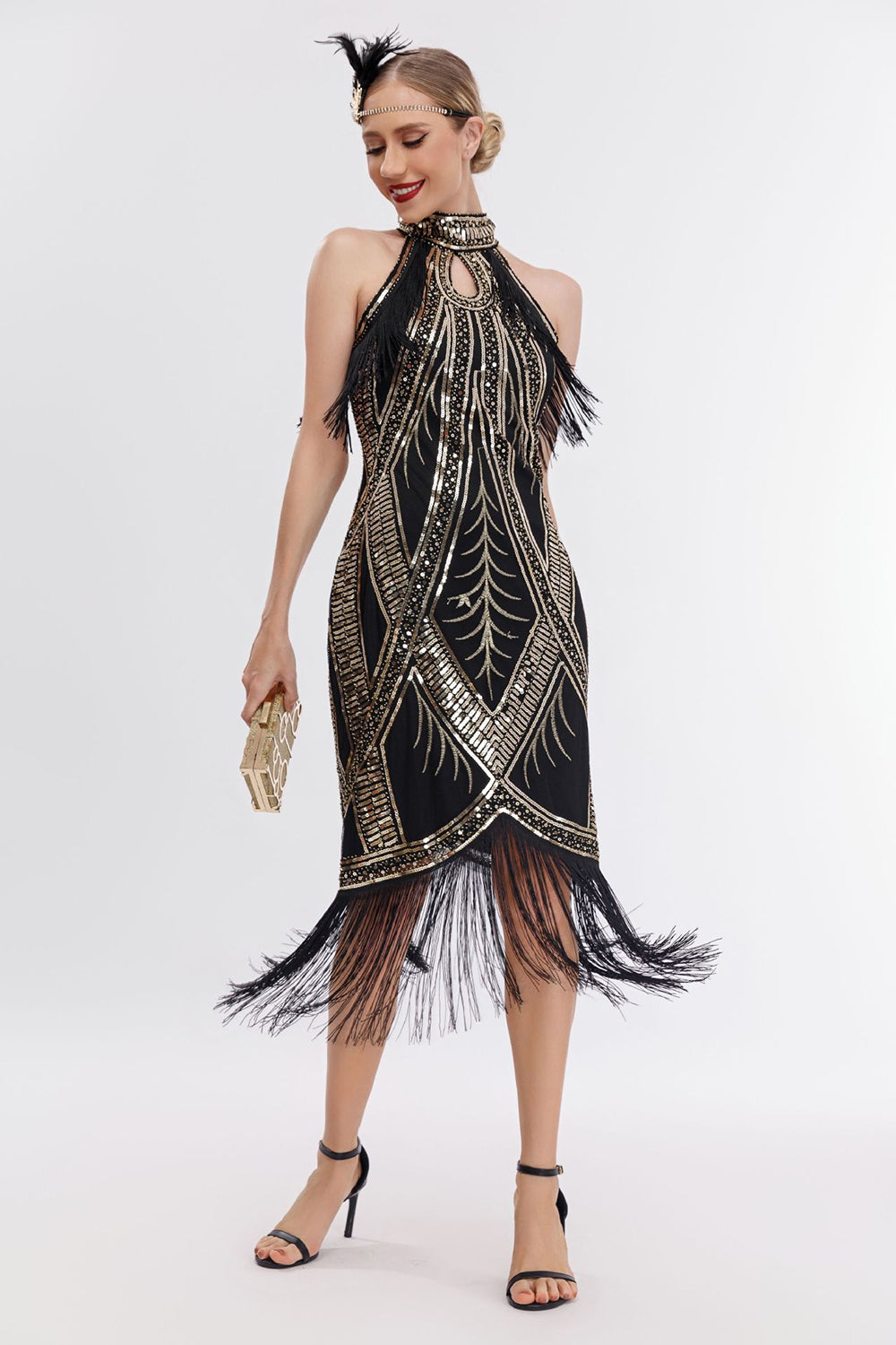 Sparkly Black Golden Sequins Fringed Dress with Accessories Set