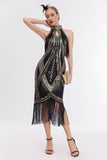 Sparkly Black Golden Sequins Fringed Dress with Accessories Set