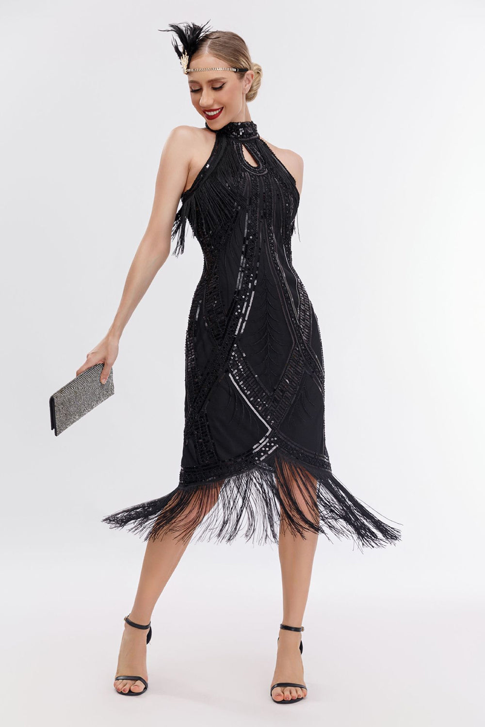 Sparkly Black Round Neck Sequins Fringed Gatsby Dress with Accessories Set