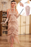 Sparkly Champagne Round Neck Sequins Fringed Dress with Accessories Set