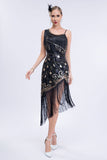 Sparkly Black Asymmetrical Sequins Fringed Gatsby Dress with Accessories Set