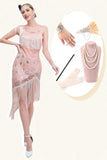 Sparkly Blush Asymmetrical Sequins Fringe Gatsby Dress with Accessories Set