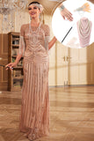 Sparkly Champagne Long Sequin Fringe Flapper Dress with Accessories Set