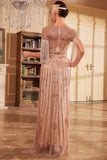 Sparkly Champagne Long Sequin Fringe Flapper Dress with Accessories Set