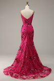 Hot Pink Mermaid Sequins Print Long Prom Dress