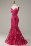 Hot Pink Mermaid Sequins Print Long Prom Dress