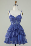 Sparkly Dark Blue Spaghetti Straps Corset Homecoming Dress