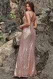 Mermaid Spaghetti Straps Floor-Length Blush Sequin Bridesmaid Dress with Split Front