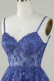 Sparkly Dark Blue Spaghetti Straps Corset Homecoming Dress