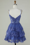 Sparkly Dark Blue Spaghetti Straps Corset Homecoming Dress