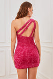 Fuchsia One Shoulder Sequins Tight Homecoming Dress