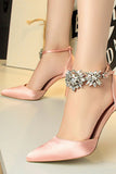 Silver Closed Toe With Chain Ankle Strap Wedding Prom Heels with Crystals