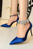 Silver Closed Toe With Chain Ankle Strap Wedding Prom Heels with Crystals