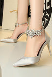 Silver Closed Toe With Chain Ankle Strap Wedding Prom Heels with Crystals