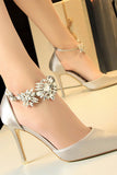 Silver Closed Toe With Chain Ankle Strap Wedding Prom Heels with Crystals